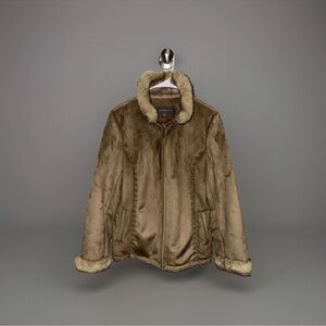 Classic Liz Clairborne Rich Brown Faux Suede Jacket Size M Faux Fur Trim